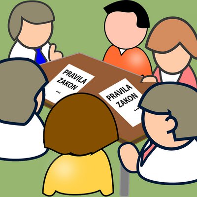 Risba šestih ljudi, ki sedijo za mizo, na kateri sta dva bela papirja z napisom Pravila zakon ...
